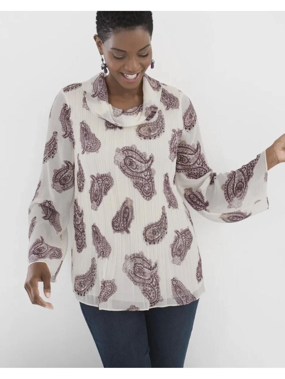 Chico's Paisley Pleated Cowl Neck Blouse Size 1 US 8 10 Ecru Richesse Print Top